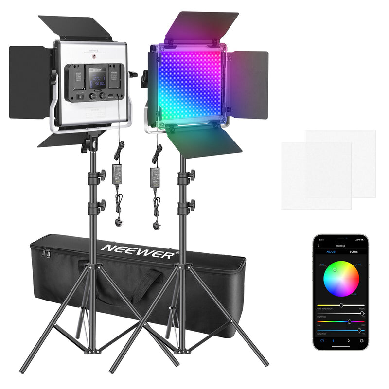 Neewer 2 paquetes de luz LED 660 RGB con control de aplicación, kit de iluminación para fotografía y video con soportes y bolsa