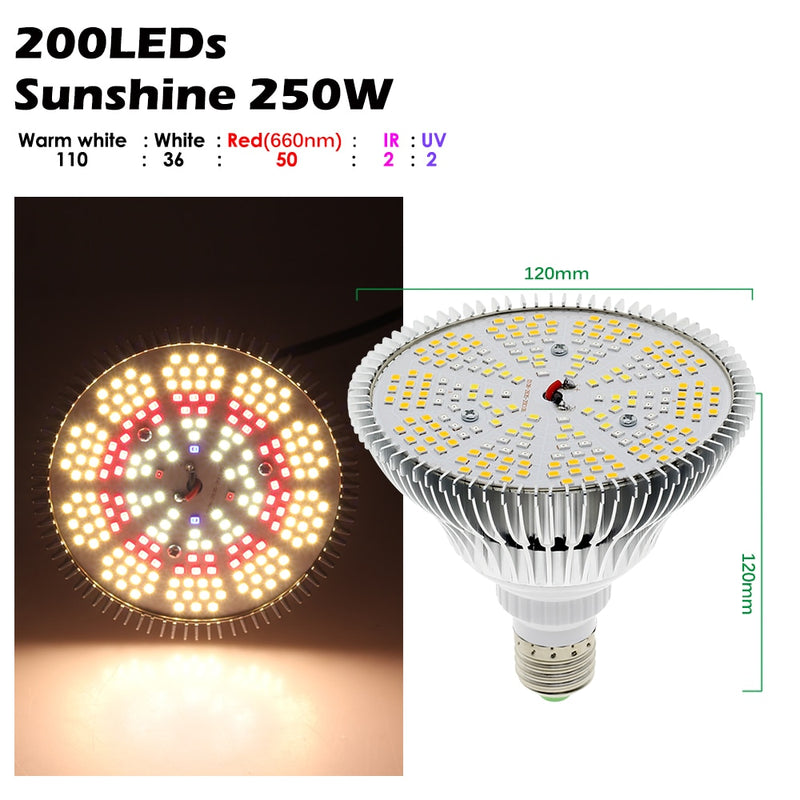 250W LED Grow Light Bulb E27 LED Plant Bulb 200 LEDs Sunlike Full Spectrum Grow Lights for Indoor Plants Vegetables and Seedling