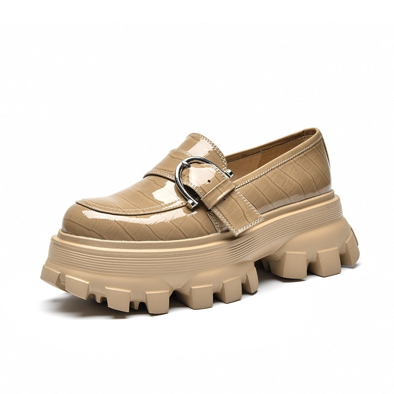 BeauToday Plateauschuhe Damen Lackleder Wohnungen Alligatormuster Runde Zehenschnalle Dekoration Damen Slip On Handmade 27738