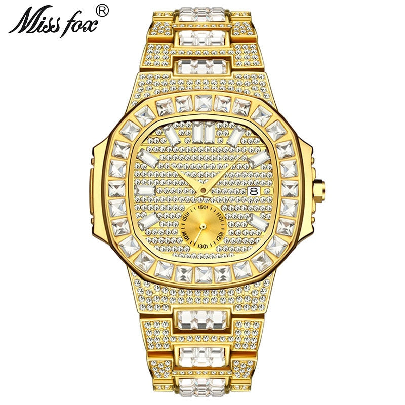 MISSFOX Luxus-Herrenuhr Gold 18 Karat Modell Vollständig gepflasterter Baguette-Diamant Herrenuhren Wasserdichter Kalender Männliche Uhr Stunden