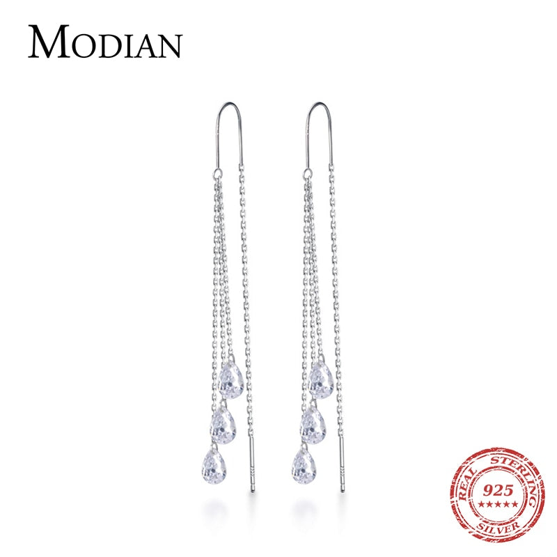 Modian Trendy Wedding Earring for Women 925 Sterling Silver Dazzling CZ Long Chain Tassel Water Drop Dangle Earring Fine Jewelry