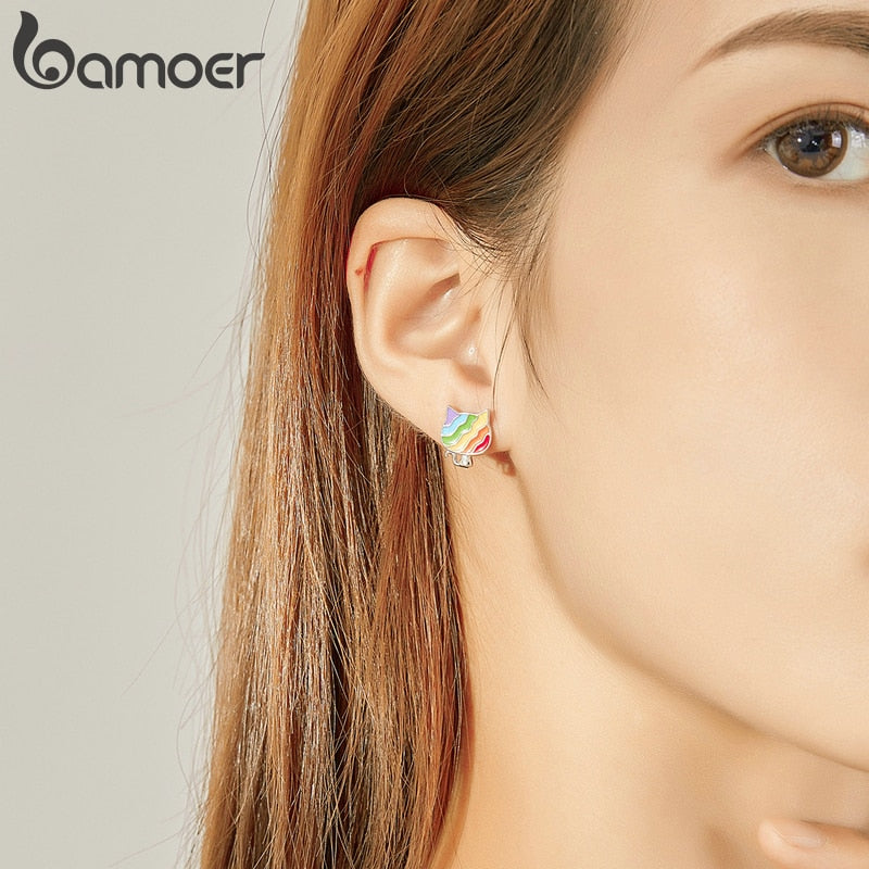 Bamoer Arco Iris esmalte Stud pendientes para mujer Plata de Ley 925 Animal pez gato y perro joyería de moda Bijoux SCE823