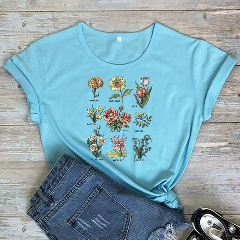 Wildflower T Shirt Women Sunshine Plant Rose Save Bees Girls Tee shirt Ladies Tops Femme Clothing Graphic Tees Woman T-shirts