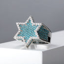 TOPGRILLZ New Hexagon Star Silver Color Blue Iced Out Cubic Zircon Rings Micro Paved Personality Hip Hop Jewelry For Gifts