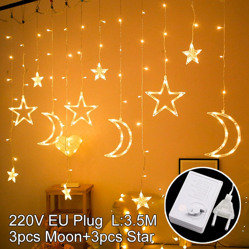 Eid Mubarak Star Moon Led cortina guirnalda luces Ramadán decoración Islam musulmán fiesta decoración Eid Al Adha regalos Eid luces