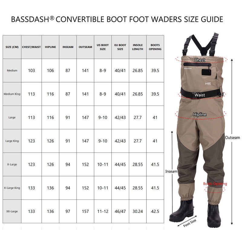 Bassdash - Vadeadores convertibles ligeros y transpirables para el pecho y la cintura para pesca, caza, calcetines y botas