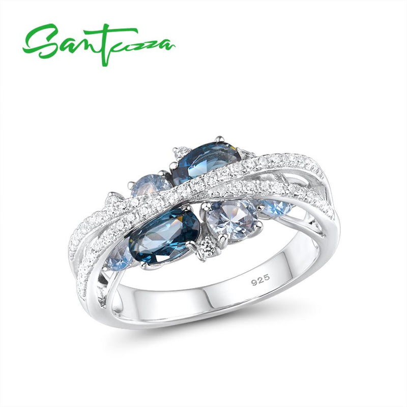 Anillos de plata SANTUZZA para mujer, Plata de Ley 925 auténtica, Zirconia cúbica de espinela azul brillante, joyería fina de lujo a la moda