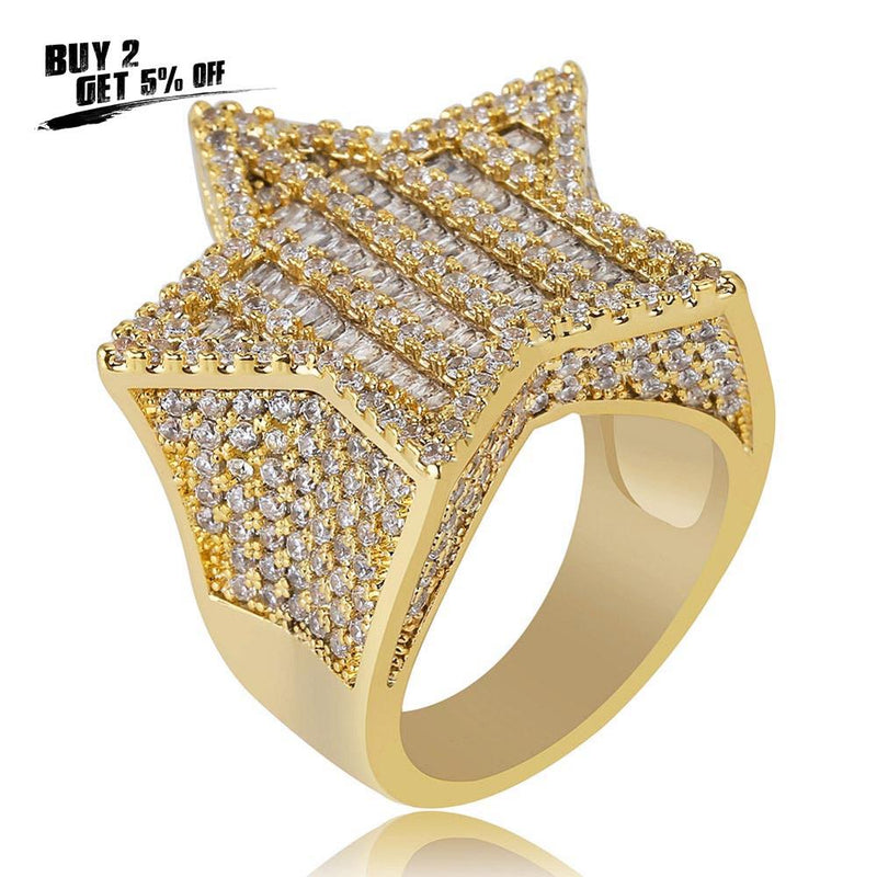 JINAO New Design Gold  Color Five-pointed Star Ring Micro Paved Big  Zircon Shiny Hip Hop Finger Ring for Men Women Gift