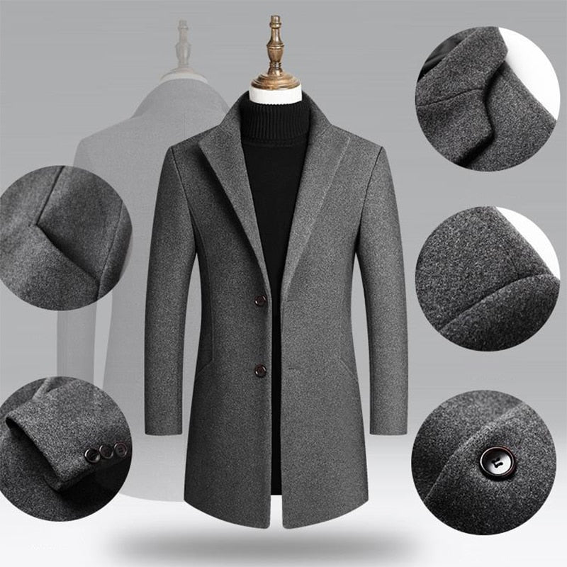 Thoshine Brand Autumn Winter 30% Wool Men Woolen Coats Turn Down Collar Male Fashion Wool Blend Jackets Outerwear Casual Trench