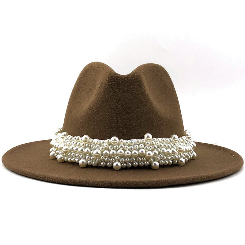 Sombreros de fieltro de lana Jazz para hombre y mujer, sombrero de fieltro con cinta de perlas de cuero, blanco, rosa, amarillo, sombrero de fiesta Formal Trilby de Panamá, 58-61CM