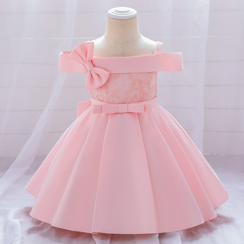 2022 One Word Neck Bow 1 Year Birthday Dress for Baby Girl Baptism Bridesmaids Dress Party Wedding Princess Prom Evening Dresses