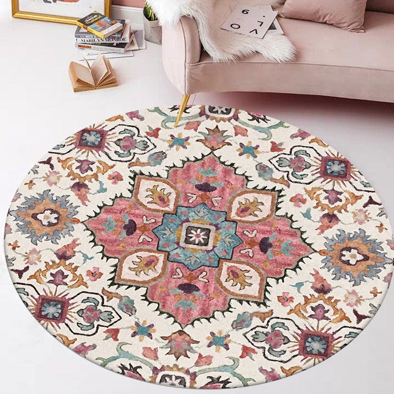 Alfombra de estilo étnico indio, alfombra para sala de estar, patrón de flores, alfombra redonda para habitaciones, podría lavarse mecánicamente