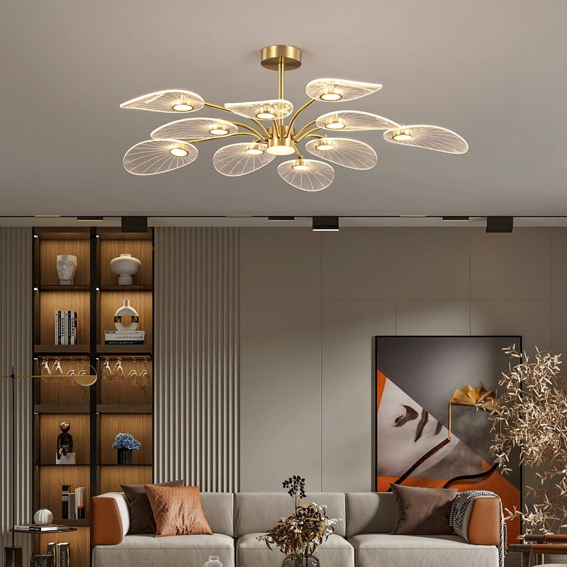Lámpara de techo LED WOSHITU, candelabros nórdicos de cobre para dormitorio, sala de estar, diseño en forma de hoja de loto, accesorio de iluminación para decoración del hogar