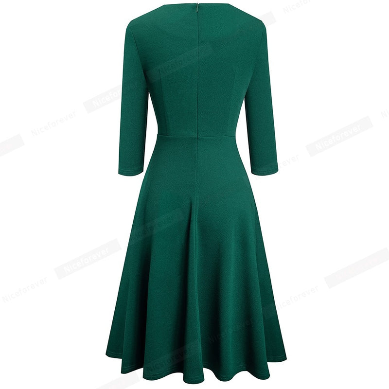 Nice-forever Otoño Retro Color puro con vestidos de encaje Fiesta A-Line Mujeres Flared Swing Dress A190