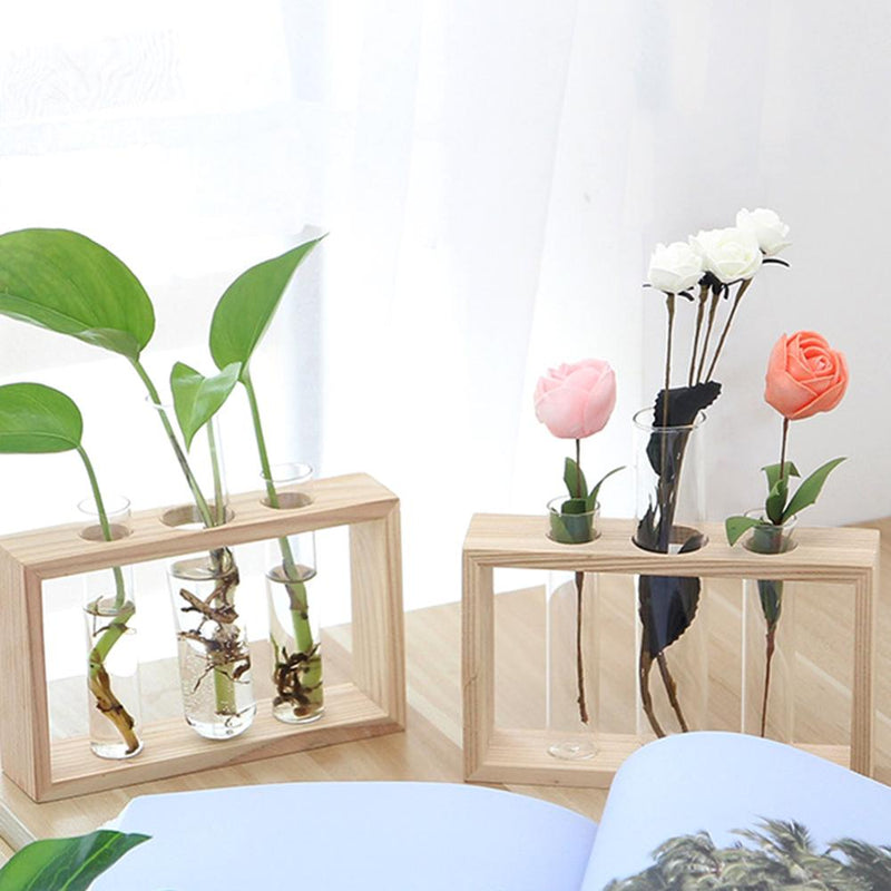 Vase aus Glas und Holz, Pflanzgefäß, Terrarium, Tisch, Hydroponik, Pflanze, Bonsai, Blumentopf, Hängetöpfe mit Holztablett, Heimdekoration