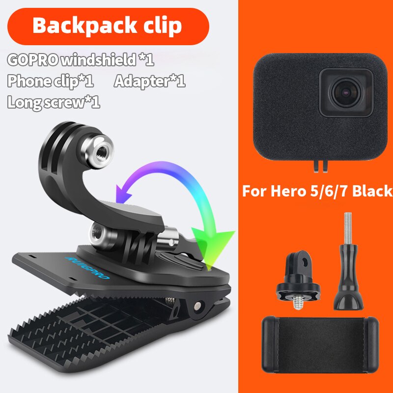 für Go Pro Zubehör 360-Grad-Drehung Rucksacktasche Clipklemme für GoPro Hero11 10 9 8 7 6 5Xiaomi yi für SJCAM SJ4000 Telefon