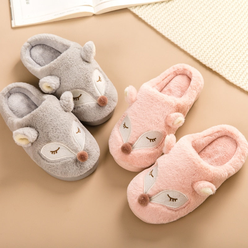 Indoor Home Floor Slippers Fox Women&#39;s Soft Shoes Warm Cute Animal Fox Winter Fur Home Slippers Women&#39;s Warm Cotton Slippers