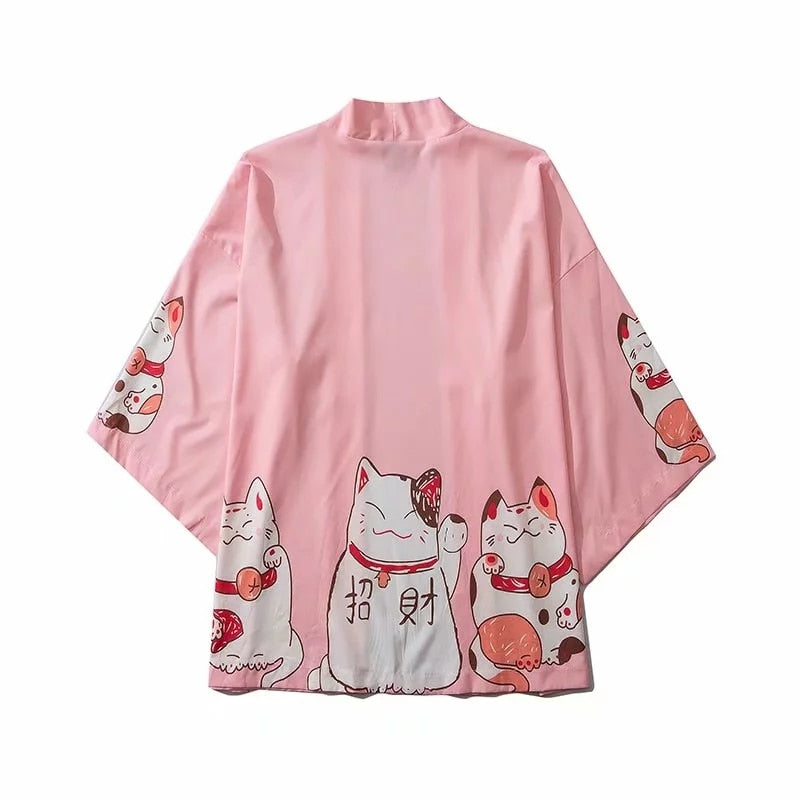 Bebovizi, ropa de estilo japonés, ropa de calle de verano para hombre, Kimono con estampado de gato, cárdigan, bata mandarina, Kimonos de tendencia japonesa Unisex para hombre