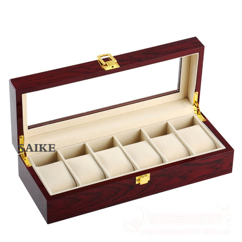 Nueva caja de madera para guardar relojes, caja de colección de relojes rojos con cerradura dorada, organizador de joyas para mujeres
