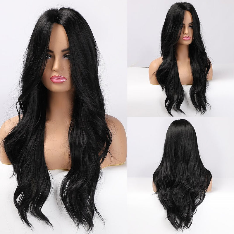 GEMMA Long Wavy Natural Middle Part Synthetic Wig Women Fake Hair Heat Resistant Black Brown Blonde Red Highlight Cosplay Wigs