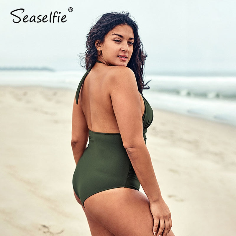 SEASELFIE Plus Size Halter Backless One Piece Swimsuit Women Large Size Solid Olive Monokini Bathing Suit 2022 Beach Swimwear