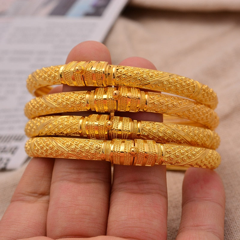 24K Bangles 4Pcs/Set Bracelet Ethiopian Gold Color Bangles For Women Bijoux Femme African Middle East Dubai Halloween Jewelry