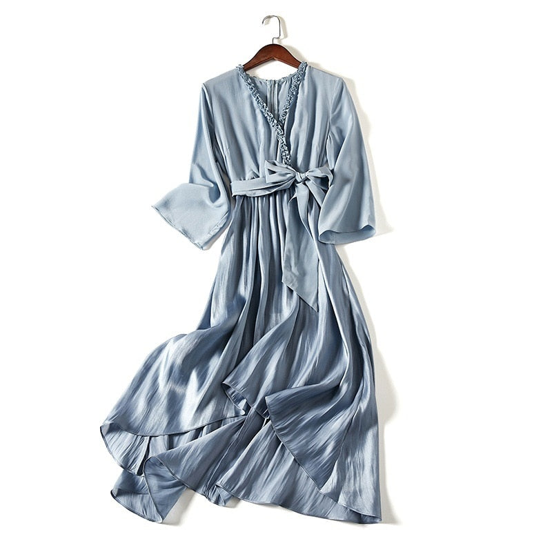 Spring and summer 2020 new women&#39;s fashion V-neck nine point sleeve irregular silk silk dress