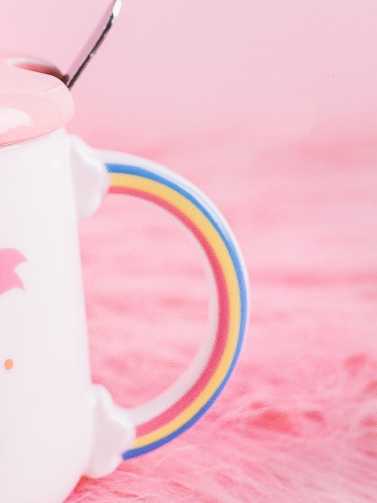 Süße Einhorn-Kaffeetasse mit 3D-Deckel und Löffel Keramik-Tee-Wasser-Tasse Geschenk für Frauen Mädchen Weiß 450 ml