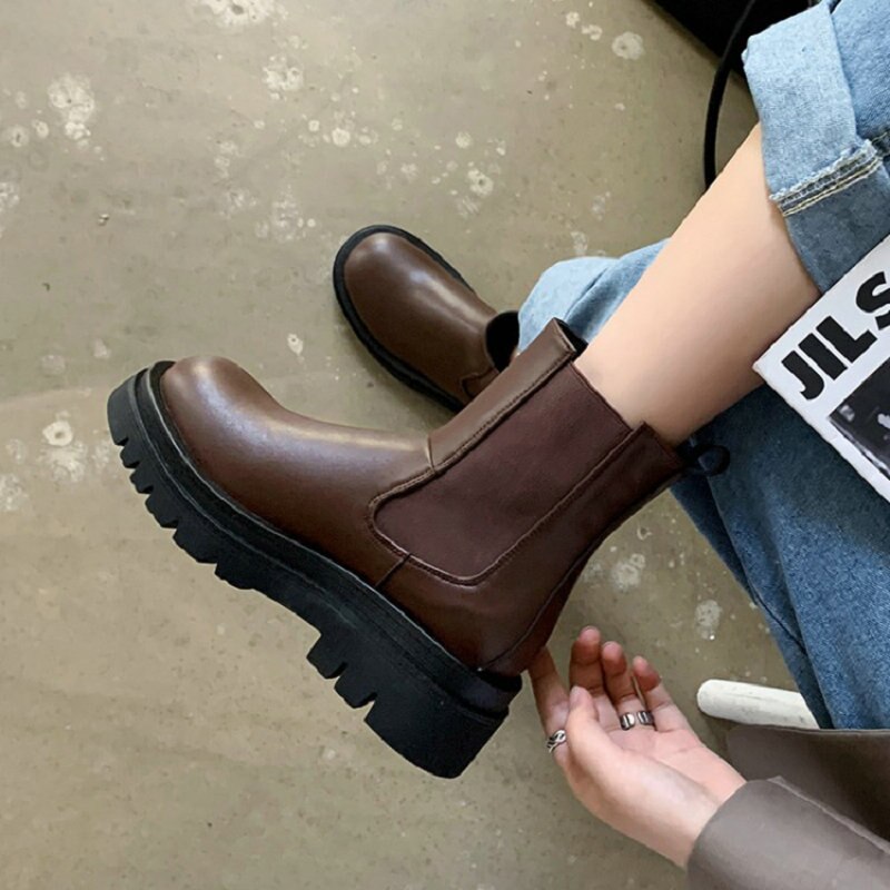 Luxury brand round toe platform ankle boots for woman slip-on chunky heels winter warm fleece chelsea boots women big size 43