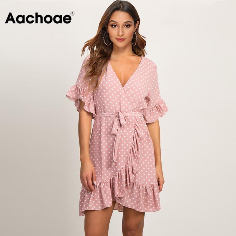 Aachoae Sommerkleid 2021 Boho-Stil Strandkleid Mode Kurzarm V-Ausschnitt Polka Dot A-Linie Partykleid Sommerkleid Vestidos