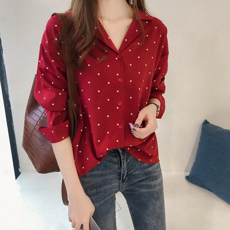 Muiches Casual Deep V-Neck Polka Dot Print Long Sleeve Blouse Woman Single Breasted Pocket Office Work Chiffon Tops 2021 New