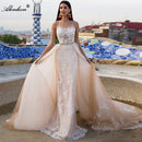 Alonlivn elegante vestido de novia 2 en 1 tul champán con cinturón dorado apliques de tren extraíbles vestidos de novia sin mangas de encaje