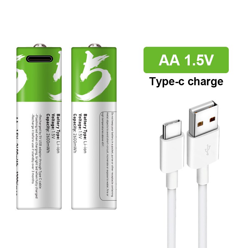 Neue Original AA 1,5 V 2600 mWh USB wiederaufladbare Li-Ion-Batterie für Fernbedienung Maus kleiner Lüfter Elektrische Spielzeugbatterie + Kabel