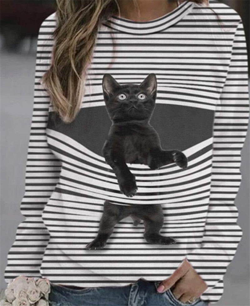 Jerséis informales con estampado 3D de gato bonito y divertido, ropa de mujer, sudaderas de primavera y otoño, camisetas de manga larga, ropa de mujer, Tops de moda