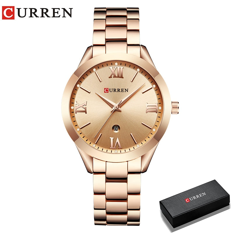 CURREN Marke Frauen Stahl Uhr Damen Luxus Kleid Mode Quarz Armbanduhr Klassische Kristall Gold Armband Frauen Uhr Uhr