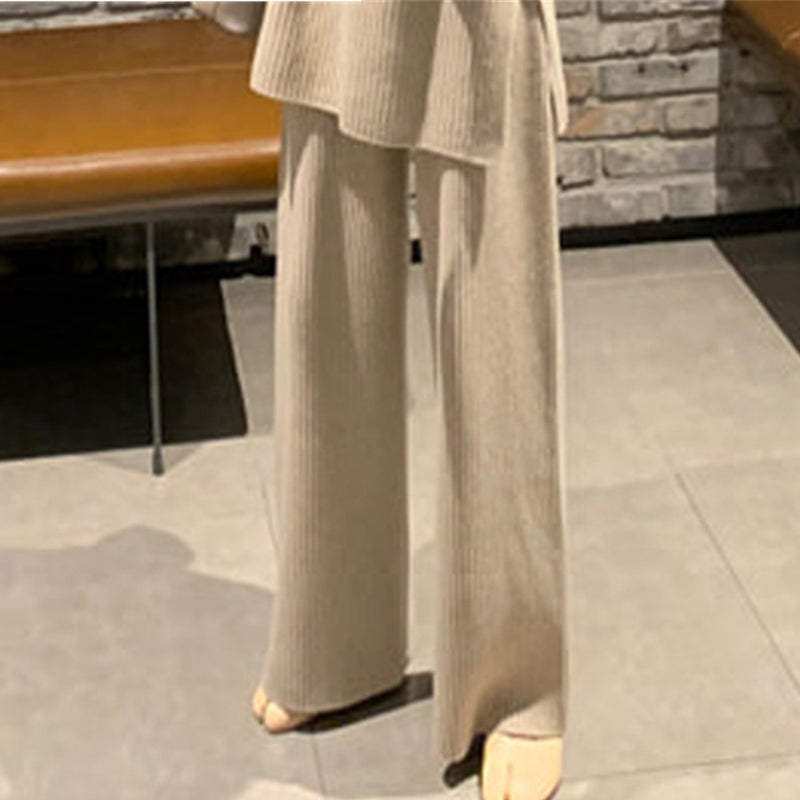SMTHMA New Fashion Winter Women's Thicken Warm Knitted Pullover Sweater Two-Piece Suits +High Waist Loose Wide Leg Pants Set