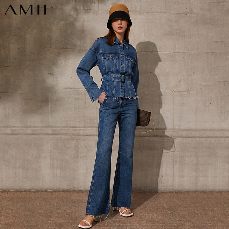 Amii Minimalism Spring Summer Women's Jean jacket Causal Lapel Single Breated Jean Coat Fashion Bell-bottomed Pants 12140152