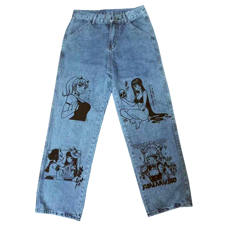 Vintage gewaschene Jeans Frauen Streetwear Jeans Harajuku Cartoon Anime Print Jeans Mode Mädchen Jeans lose Hose mit weitem Bein Baumwolle