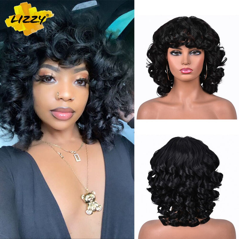 Kurzhaar-Afro-Lockenperücke mit Pony, lose, synthetische, flauschige, schulterlange, natürliche Perücken für schwarze Frauen, dunkelbraun, 35,6 cm