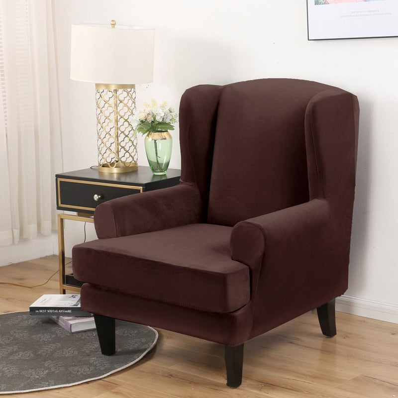 Funda para silla con respaldo de ala Fundas elásticas de terciopelo Spandex para sillas de oficina Conjunto elegante de 2 piezas con banda elástica