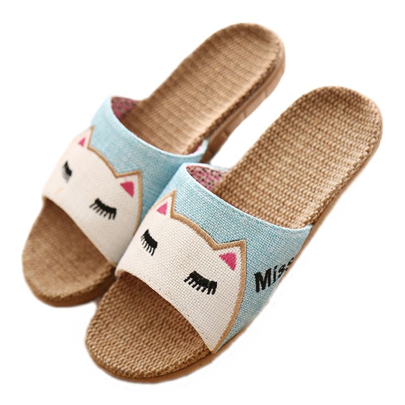 Suihyung Flax Slippers Women Summer Beach Shoes Cute Cat Flip Flops Breathable Slides Girls Indoor Linen Slippers Female Sandals