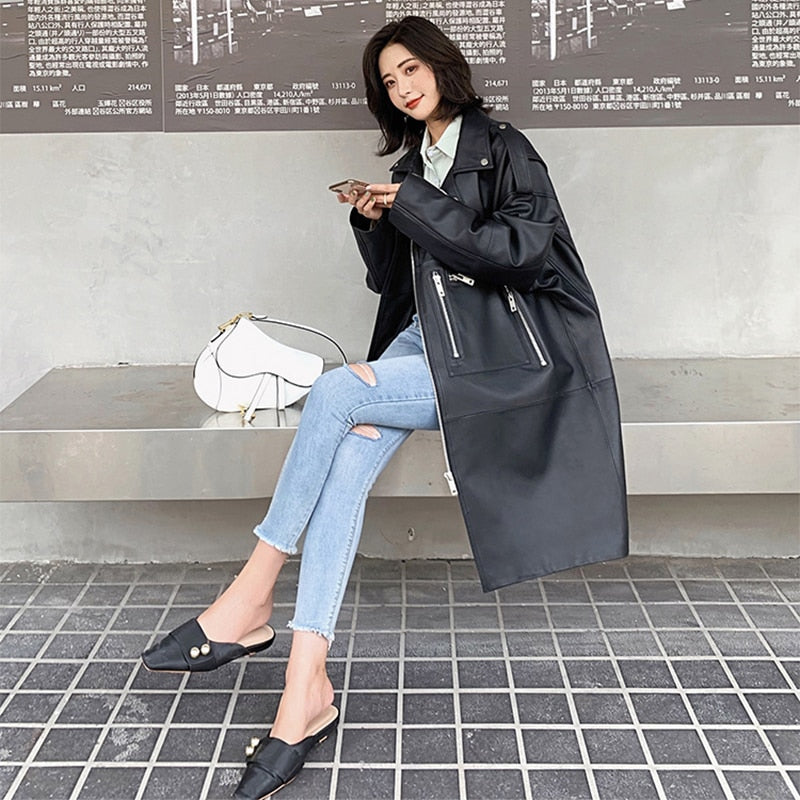 Nerazzurri Autumn Oversized Black Long Womens Leather Biker Jacket Long Sleeve Spring Loose Faux Leather Coat Streetwear 2022