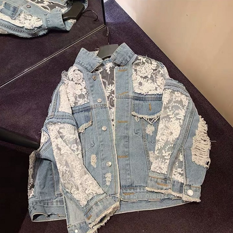 2020 Neue Sommer Langarm Große Größe Jeans Jacken Frauen Mantel Lose Spitze Nähte Perspektive Top Jacke Damen Denim Mantel