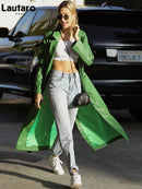 Lautaro, gabardina de cuero verde Extra larga de otoño para mujer, fajas de manga larga, abrigo Maxi de una botonadura, ropa de calle 2021