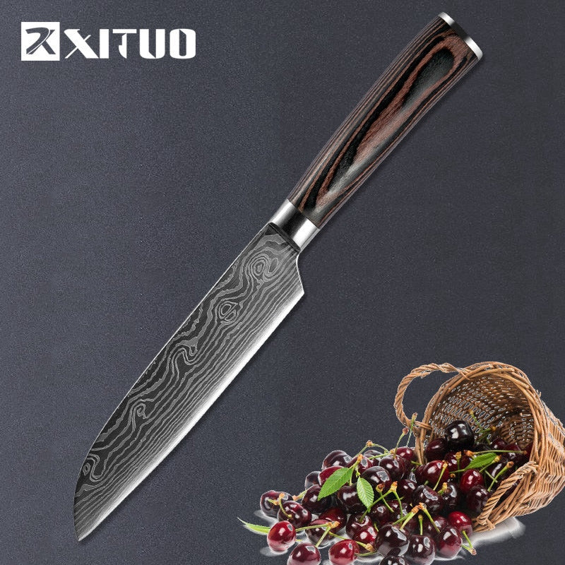 XITUO 1-5 uds set cuchillo de Chef japonés de acero inoxidable lijado láser patrón cuchillos profesional cuchillo de hoja afilada herramienta de cocina