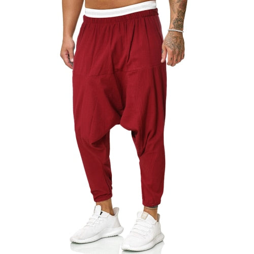 2022 pantalones cruzados de lino para hombre, pantalones bombachos holgados para hombre, pantalones negros sólidos para hombre, joggers de hip hop, ropa de calle para hombre, pantalones de piernas anchas