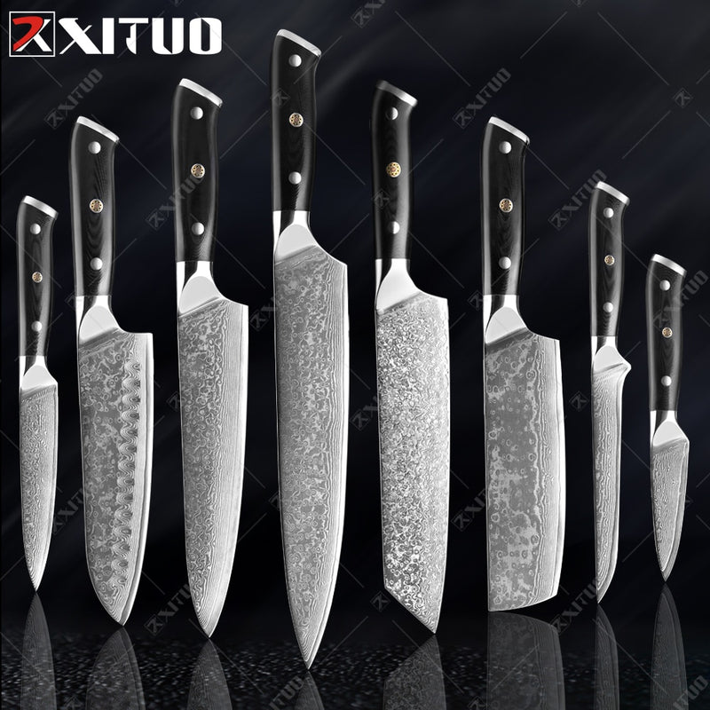 XITUO Damasco Chef cuchillo 1-8 piezas profesional Japón Sankotu Cleaver hueso cuchillos utilidad Kiritsuke pelado cuchillo de cocina