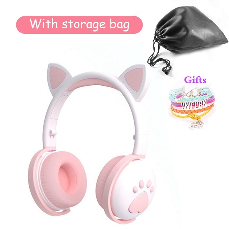 Cute Kids Headphones Wireless Earphones,Control LED light Cat Ear Girl Child Gift Blue-tooth Gaming Headset Stereo Bass With Mic