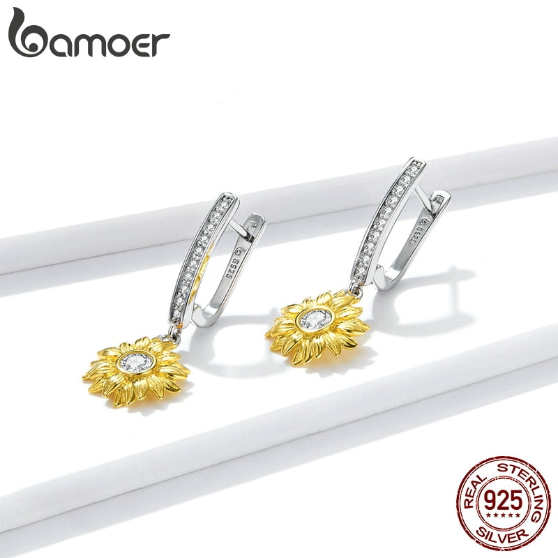 bamoer Silver Sunflower Jewelry Set 925 Sterling Silver Gold Color Lucky Necklace Earring Gift for Women Fashion Jewelry  ZHS222