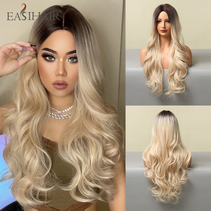 EASIHAIR Long Body Wave Light Brown Wigs with Blonde Highlights Middle Part Cosplay Heat Resistant Synthetic Hair Wigs for Women